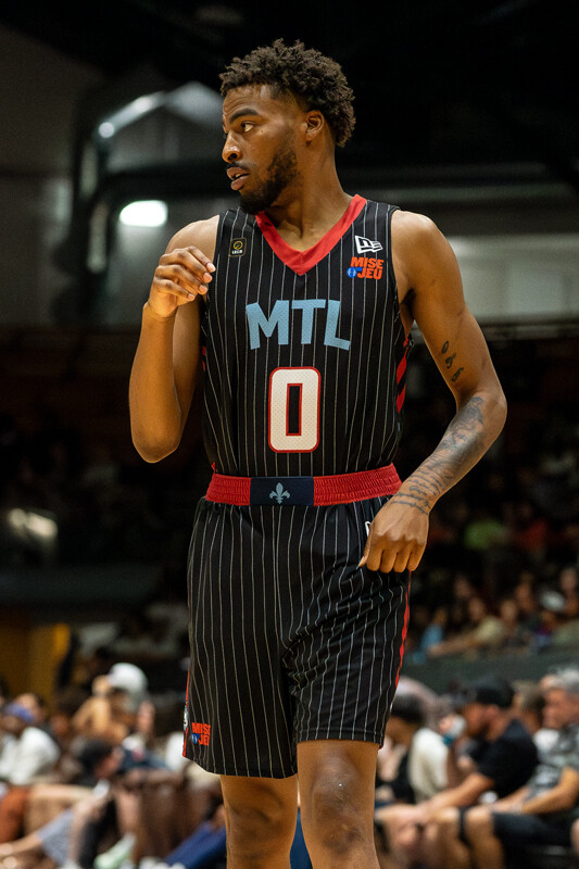 Curtis Hollis of the Montreal Alliance at the Verdun Auditorium on July 26, 2024 versus the Saskatchewan Rattlers. CEBL. Photo by Kieron Yates.