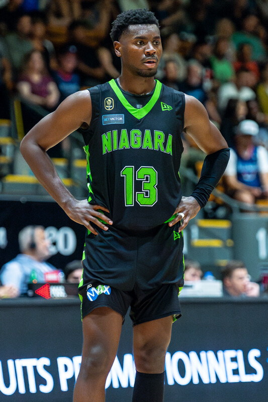 Nathan Cayo of the Niagara River Lions and Alain Louis of the Montreal Alliance in action at CW24 on August 9, 2024